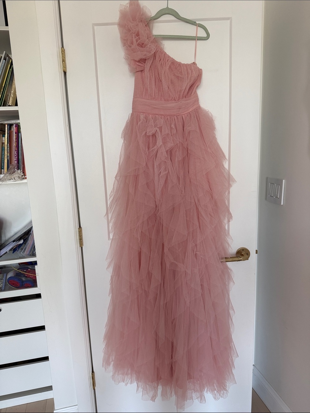 One-Shoulder Dusty Rose Tulle Ruffle Gown - Picture 2 of 3